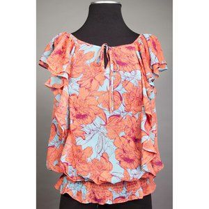 Coral Cyan Flower Pattern Chiffon